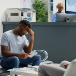 grupo-de-pessoas-sentadas-na-area-de-espera-da-instalacao-e-lendo-panfletos-de-seguro-de-saude-esperando-pelo-medico-pacientes-no-centro-de-saude-com-consultas-de-check-up-para-curar-doencas