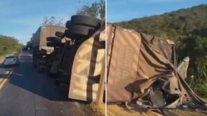 Carreta-tomba-na-curva-do-Esconcio-em-Jacobina-na-BR-324-foto-reproducao-Augusto-Urgente-