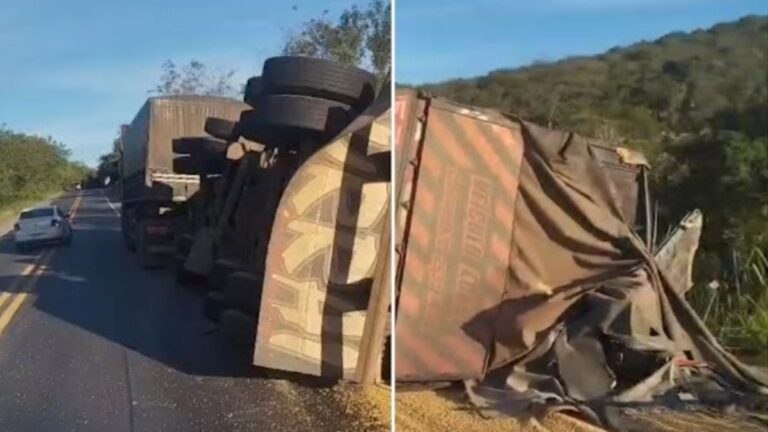 Carreta-tomba-na-curva-do-Esconcio-em-Jacobina-na-BR-324-foto-reproducao-Augusto-Urgente-