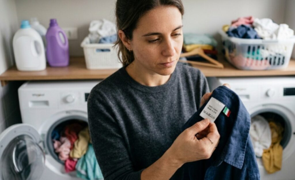 Mulher-conferindo-etiqueta-de-roupa-em-lavanderia-Foto-Imagem-gerada-por-Inteligencia-Artificial