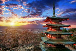 Pagode-Chureito-e-montanha-Fuji-ao-por-do-sol-no-Japao