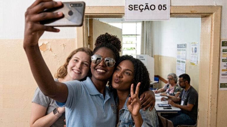 manual-do-eleitor-jovens-garotas-em-frente-a-secao-de-votacao-fazendo-uma-foto-selfi-foto-gerada-com-Ia